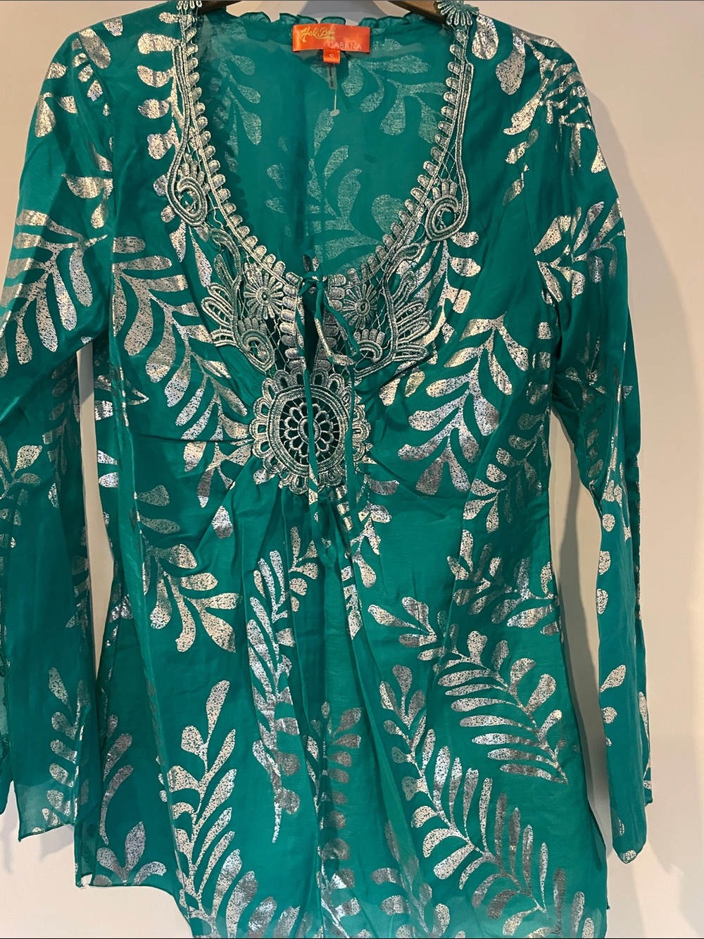 Hale Bob Teal Metallic Silk Cotton Silver Leaf Embellished Tunic Blouse NWOT S